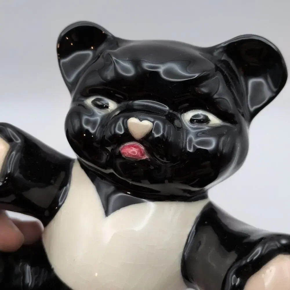 Vintage 1950s Black and White Ceramic Bear Figurine Heart Nose 6.15in